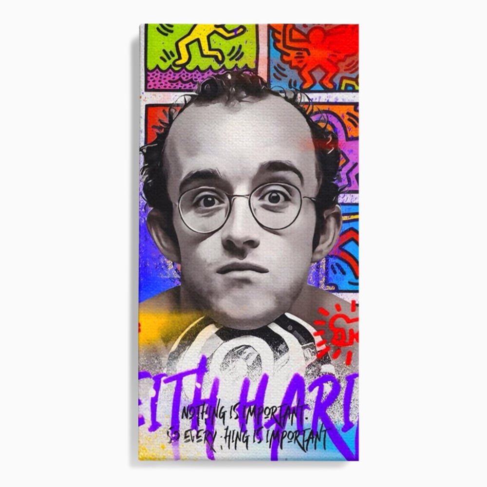 Tablou canvas cu tablou canvas cu portret alb negru si grafica keith haring, fara rama, pe sasiu de lemn